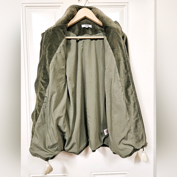 Anthro Aztec South Western Embroidered Tassel Olive Velvet Parka Jacket size M - Picture 12 of 16